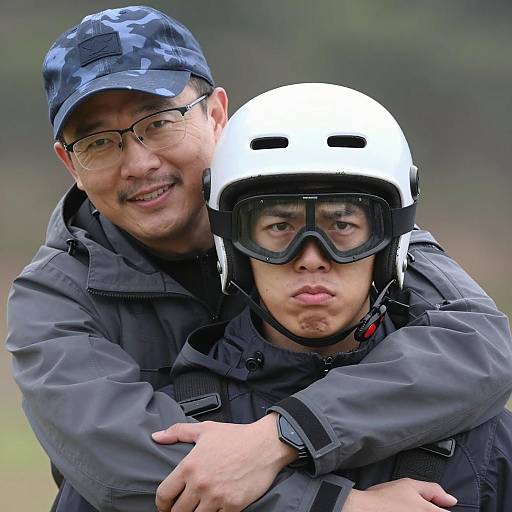 Two Men with Helmet and Camouflage Hat Embracing