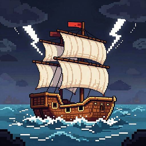Pixel Art Ship in Stormy Sea