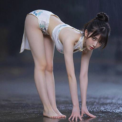 Photograph of a pale-skinned, dark-haired woman in white floral bikini, bent over with hands on wet ground, rain falling.
