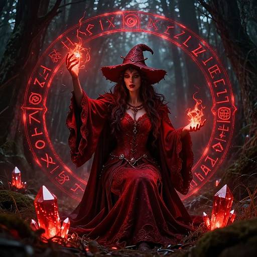Digital artwork of a witch with long, wavy brown hair, wearing a red dress and hat, casting spells in a mystical forest, surrounded by glowing