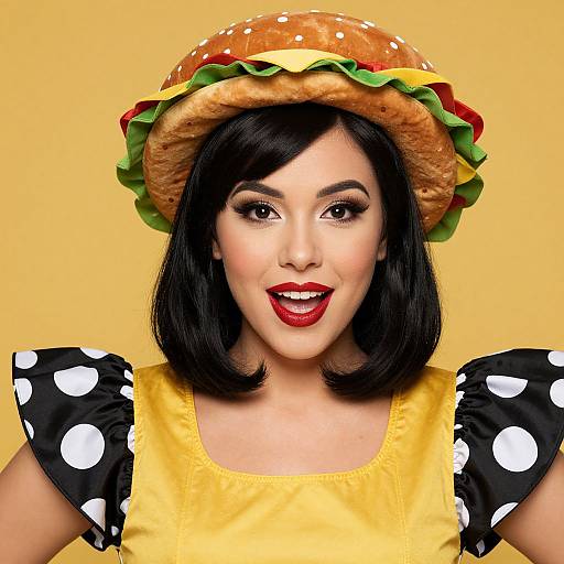 Photograph of a smiling Asian woman with black bob, red lipstick, black polka-dot sleeves, yellow shirt, and burger hat against yellow background.