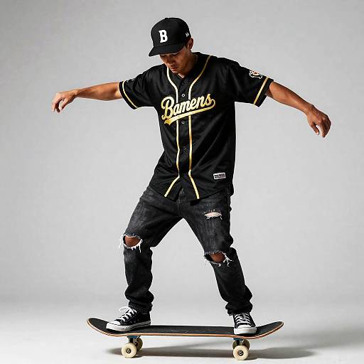 Skateboarder in Black Gold Jersey