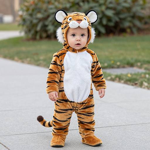 Photograph of a baby in an orange and black tiger onesie with white belly and headband, standing on a sidewalk.