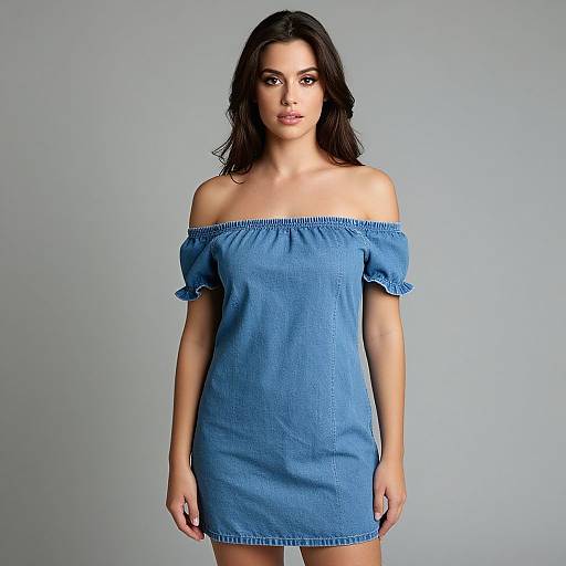 Photograph of a young woman with medium-length dark hair, wearing an off-shoulder, blue, short-sleeve, textured dress, standing