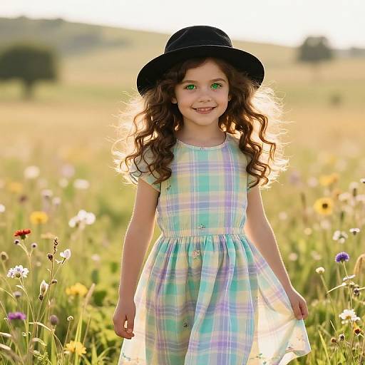 Photograph of a smiling young girl with curly brown hair, green eyes, wearing a black hat and pastel plaid dress, standing in a sunny