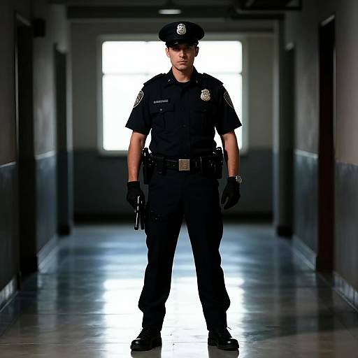 Serious Male Police Officer in Dim Hallway