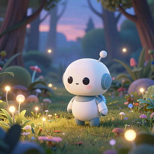 CGI image of a cute, white, round robot with black eyes and a single antenna, standing in a magical, glowing forest at twilight.