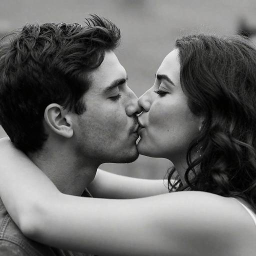 Intimate Black-and-White Kiss Moment