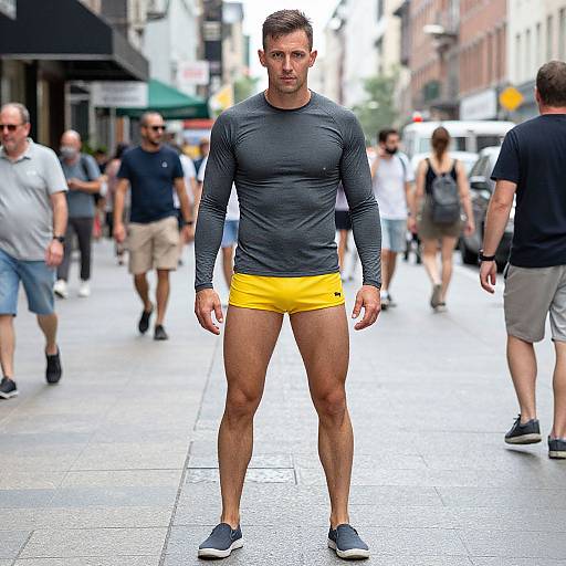 Photograph of a fit, muscular man with short brown hair, wearing a gray long-sleeve shirt, yellow boxer briefs, and blue sneakers
