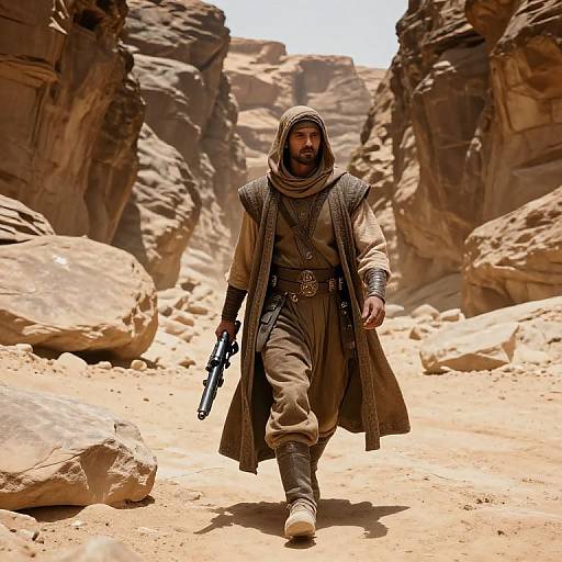 Photorealistic CGI: Bearded man in desert cloak, carrying pistol, walking through sunlit rocky canyon, inspired by 