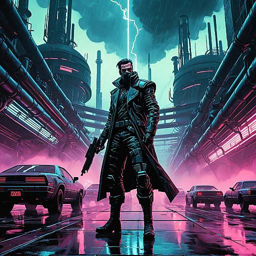 Cyberpunk Mercenary in Neon Dystopian City
