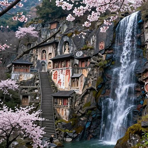 Digital painting of a traditional Japanese house with pink cherry blossoms, stairs, and waterfall, set against a rocky cliff.