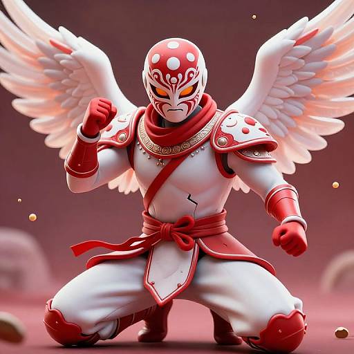 Digital art of a muscular, red and white winged ninja in a dynamic pose, fists clenched, with glowing eyes and red mask. Background is