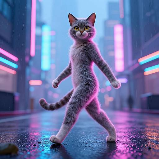 CGI image of a gray and white cat with yellow eyes walking confidently in a neon-lit, rainy city street at night.