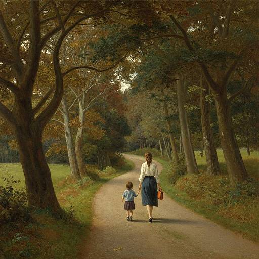 Photograph of a woman in a white blouse and blue skirt, holding hands with a young boy in a blue shirt and shorts, walking down a sun