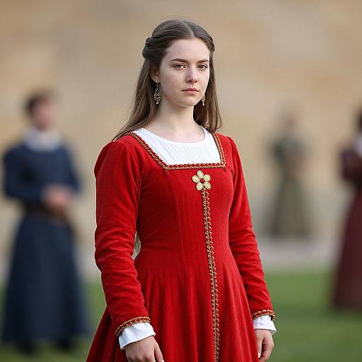 Photograph of a young woman with fair skin and long brown hair in a red velvet dress with white collar and gold flower, standing outdoors with blurred background