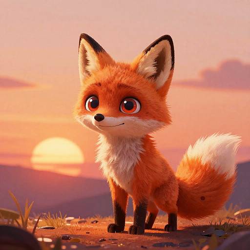 Digital CGI of a cute, fluffy red fox with large, expressive eyes, standing on a grassy path during a vibrant sunset.