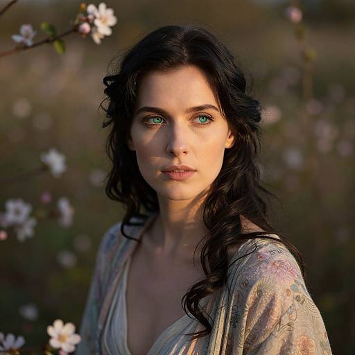 Photograph of a young woman with long, wavy black hair, green eyes, and fair skin, wearing a floral-patterned blouse, standing among