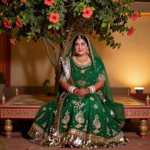 Photograph of a South Asian bride in a green, gold-embroidered saree, seated on an ornate wooden bench, with a flowering