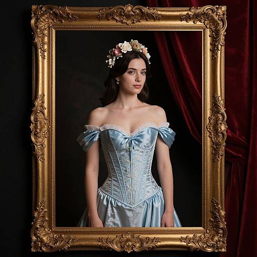 Photograph of a fair-skinned woman with dark hair, wearing a blue satin off-shoulder corset dress, white lace trim, and a