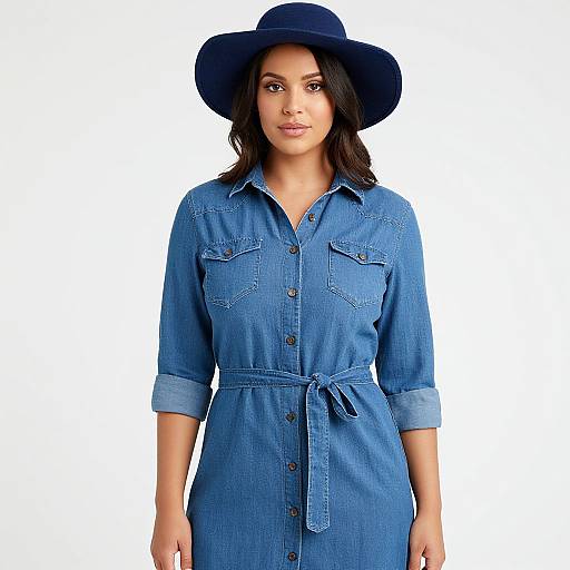 Photograph of a confident woman with medium brown skin, dark wavy hair, wearing a blue denim dress and matching wide-brimmed hat, against