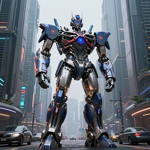 Digital artwork of a towering, futuristic, blue and silver robot with glowing blue eyes standing in a neon-lit, busy city street.