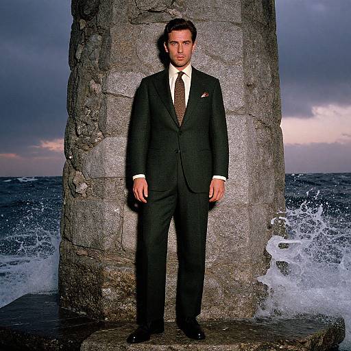 Photograph of a serious, dark-haired man in a black suit, white shirt, and brown tie, standing in front of a rocky sea wall,
