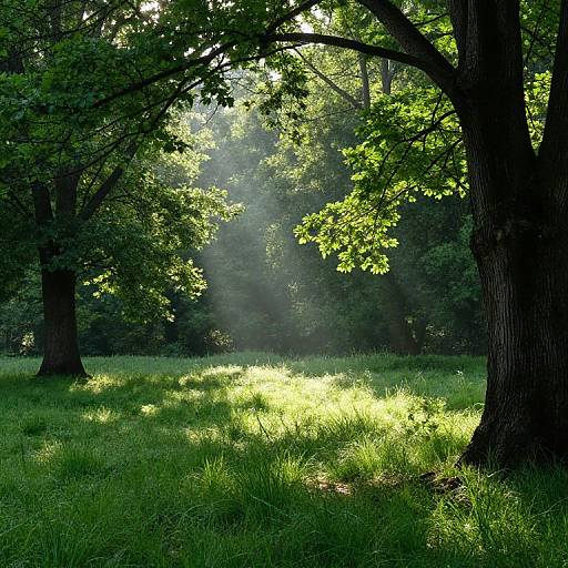 Photograph of a sunlit forest clearing with tall trees casting shadows, vibrant green grass, and sunlight filtering through dense foliage.