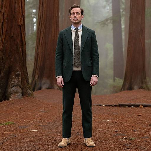 Photograph: Serious man in dark suit, white shirt, patterned tie, beige vest, and tan shoes standing in misty redwood forest.