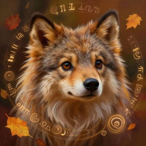 Digital painting of a realistic, golden-brown, fluffy wolf with intense eyes, surrounded by orange autumn leaves and golden circular patterns.