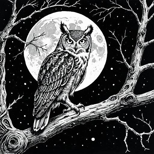 Intricate Owl Drawing with Moonlit Background
