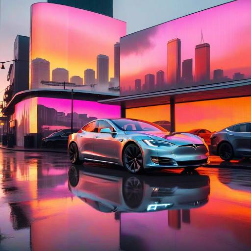 Tesla Model S at Sunset with Cityscape Reflection