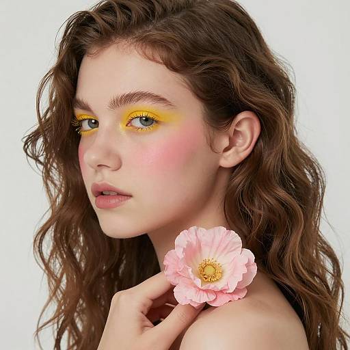 Young Woman with Yellow Eyeshadow Holding Pink Flower