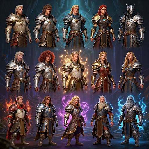 Digital artwork of twelve armored warriors, each with distinct hairstyles and elemental fire or ice abilities, standing in a dark, cavernous background.