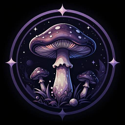 Digital illustration of glowing, purple-spotted mushrooms with white highlights, surrounded by sparkling stars and lush grass, encircled by a dark blue ring.