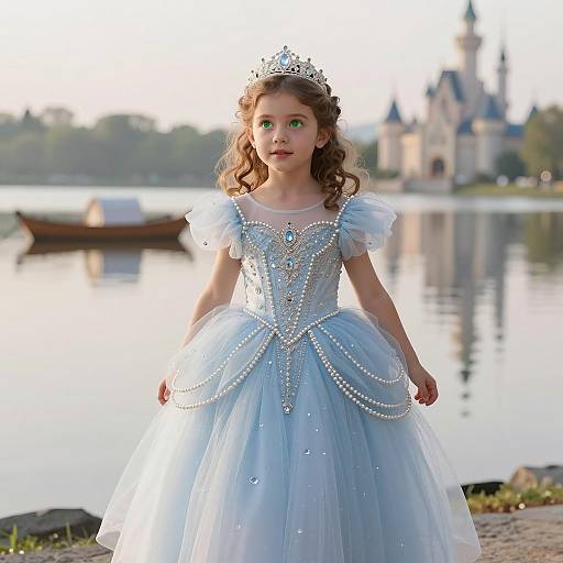 Young Girl in Crystal Princess Gown by Castle Lake