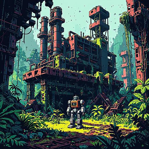 Pixel Art of Ruined Robot Factory in Jungle