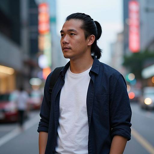 Photograph of an Asian man with long black hair in a ponytail, wearing a black shirt over a white t-shirt, standing on a busy urban