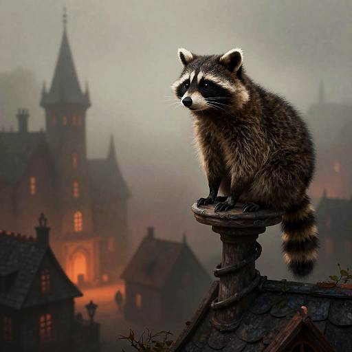 Eccentric Raccoon on Foggy Rooftop