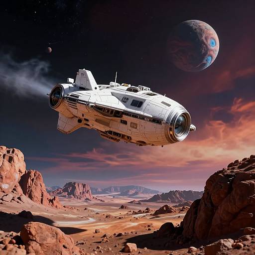 Photorealistic CGI of a white, cylindrical Star Wars-style spaceship flying over a red desert planet with rocky formations and a purple-hued sky, featuring