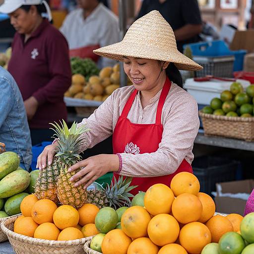 Photograph of a smiling Asian woman in a straw hat and red apron, selling oranges and pineapples at a vibrant market stall.