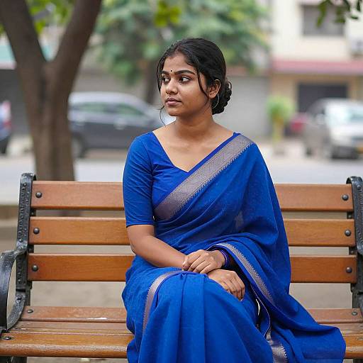 Calm Young Woman in Bright Blue Saree