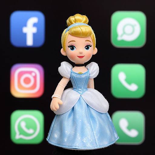 CGI doll of Cinderella with blonde hair, blue dress, white puffed sleeves, standing against a black background with blurred social media app icons.