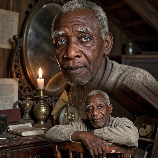 Photograph of an elderly African-American man with gray hair and deep wrinkles, seated in a dimly lit wooden room, candlelit, wearing a beige