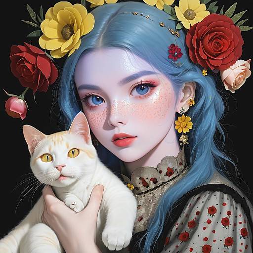 Blue-Haired Girl Holding Floral Cat