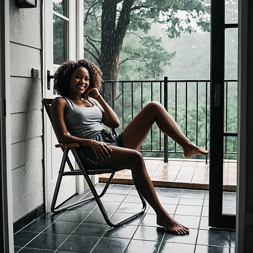 Smiling Woman Relaxing on Balcony Chair