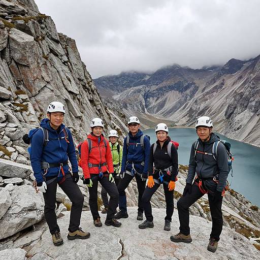 Photograph of six hikers in helmets, climbing gear, and varying colored jackets, standing on rocky mountain terrain with a lake and foggy peaks in
