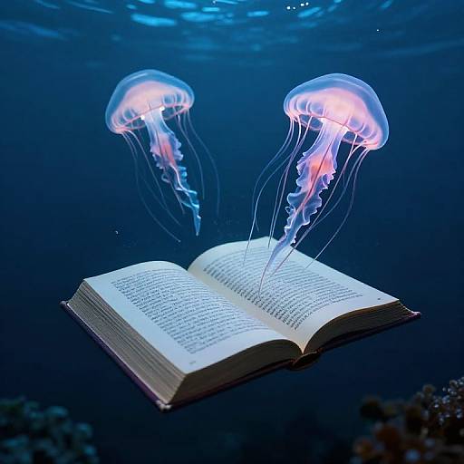 Photograph of an open book with glowing text surrounded by three bioluminescent jellyfish in a deep blue underwater setting.