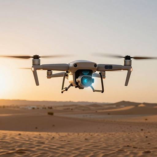Photograph of a white drone with a glowing blue camera lens flying over a desert at sunset, with sand dunes in the background.