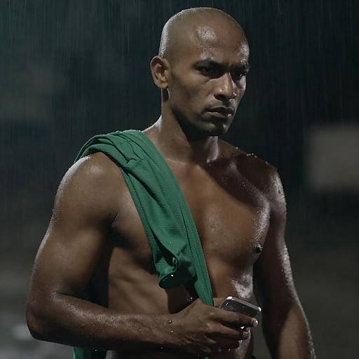 Muscular Man in Rain at Night